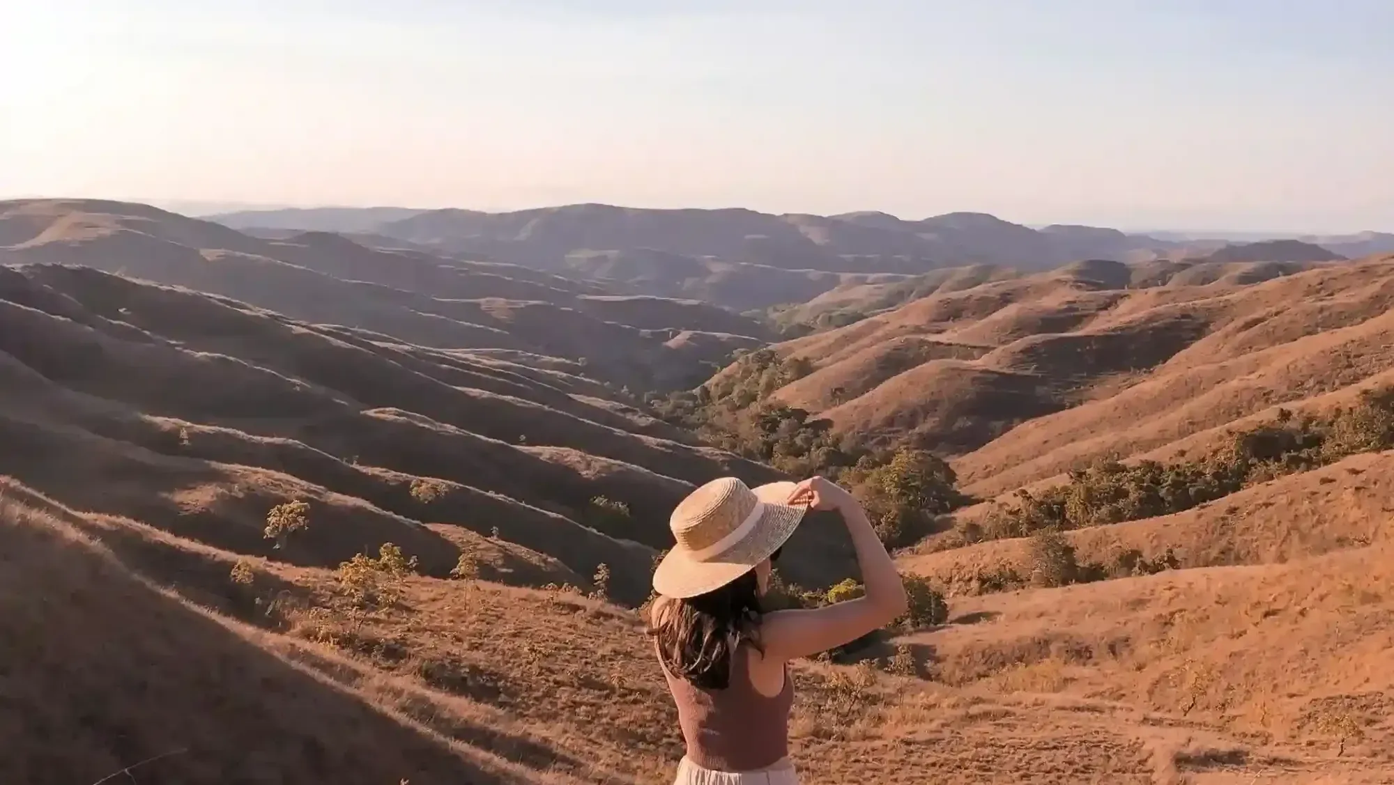 Traveller in a straw hat above golden rolling hills, Sumba