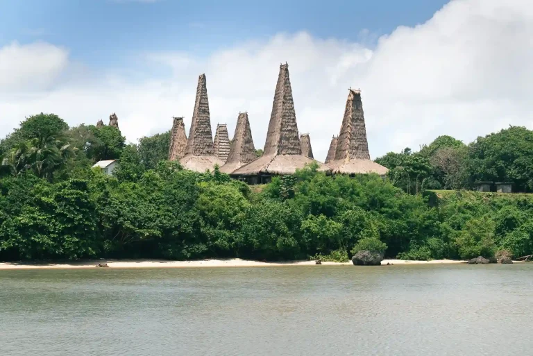 Tall thatched roofs of Ratenggaro village above the lagoon, West Sumba