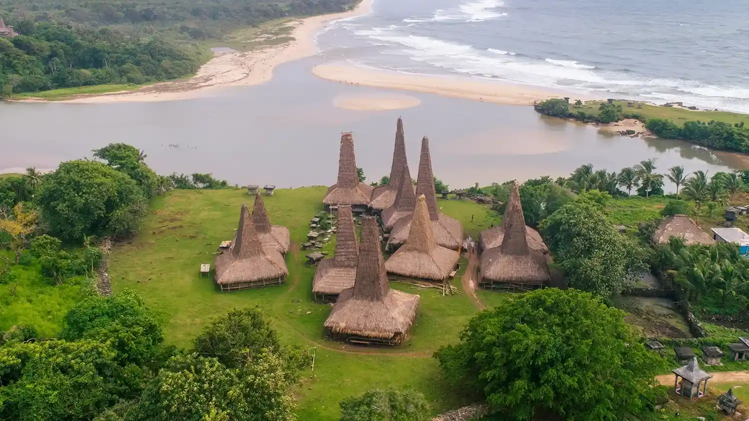 Aerial view of Ratenggaro traditional village and coastline, West Sumba