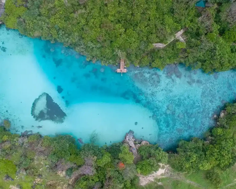 Aerial view of the clear water of Weekuri Lagoon, Southwest Sumba