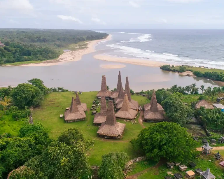 Aerial view of Ratenggaro village and the surf beach, Southwest Sumba