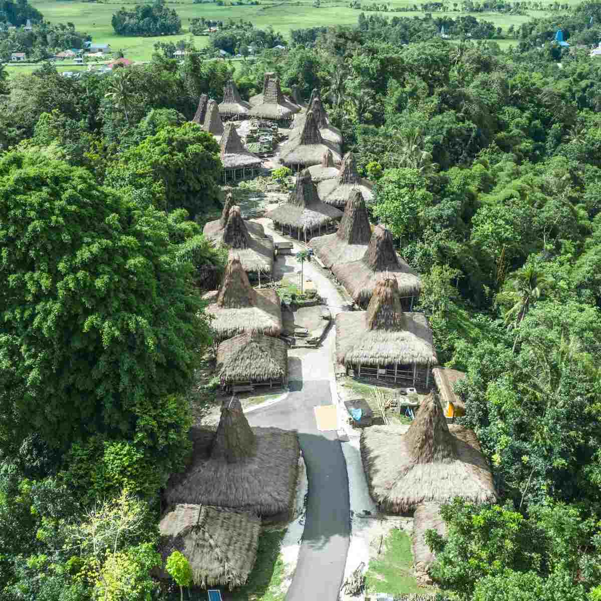 Aerial view of Prai Ijing village in the forest, West Sumba